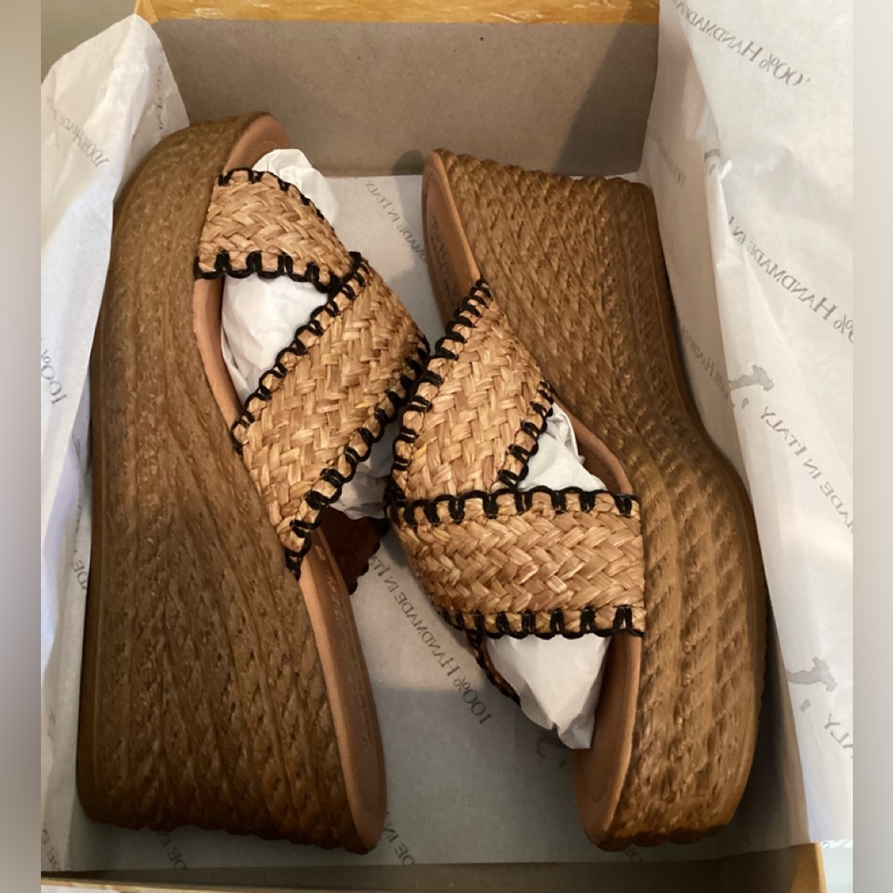 Bella Vita Black/Tan Rattan wedge sandals- Size 12